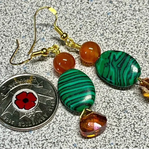 Dyed malachite and bright orange Swarovski crystal earrings on Sterling - Picture 5 of 8